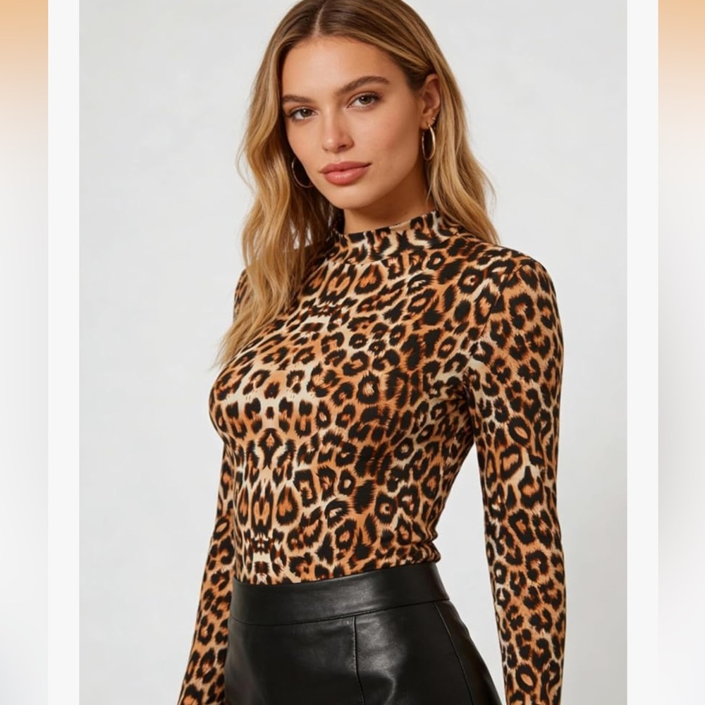 Leopard Print Long Sleeve Mock Neck Top - Brown
